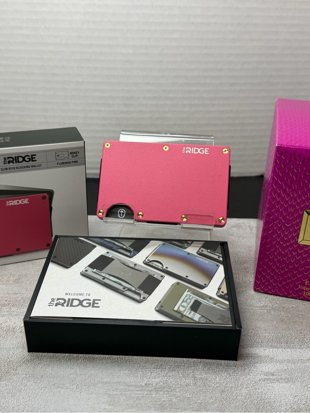 RIDGE WALLET | FLAMINGO PINK w/GLD BOLTS+JIMMY CHOO ROSE PASSION EDP, 100ML